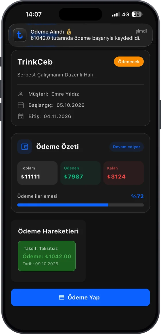 TrinkCeb mobil uygulaması — Ödemeler ekranı